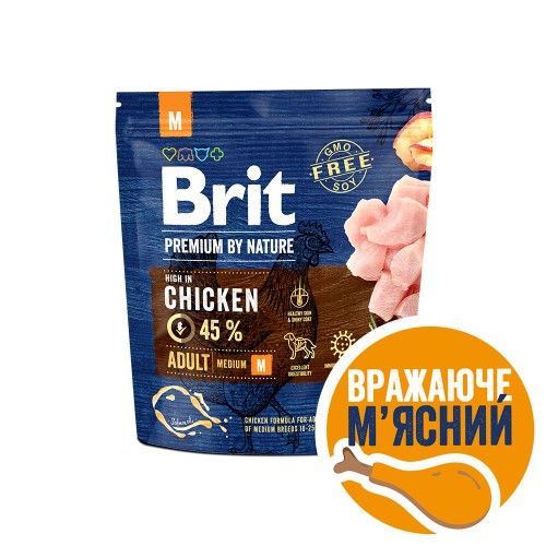 Корм сухий Brit Premium Dog Adult M для дорослих собак середніх порід вагою 10-25 кг з куркою 1 кг 170815/6345 фото