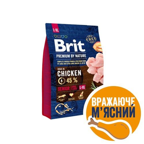 Корм сухий Brit Premium Dog Senior L+XL для собак похилого віку великих та гігантських порід вагою 25-90 кг з куркою 3 кг 170828/6475***** фото