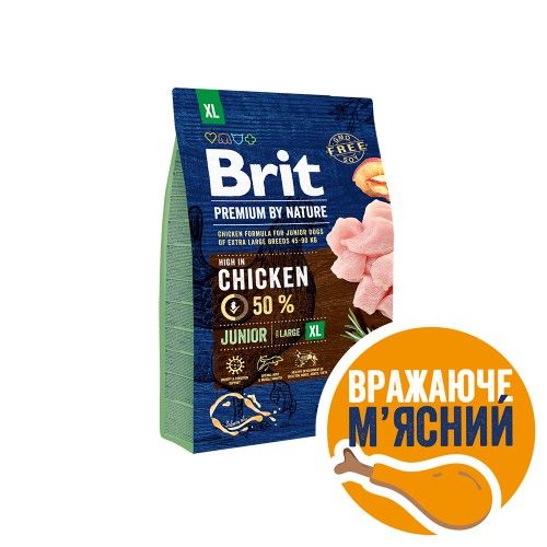 Корм сухий Brit Premium Dog Junior XL для цуценят і молодих собак гігантських порід від 1 до 30 місяців вагою 45-90 кг з куркою 3 кг 170830/6499 фото