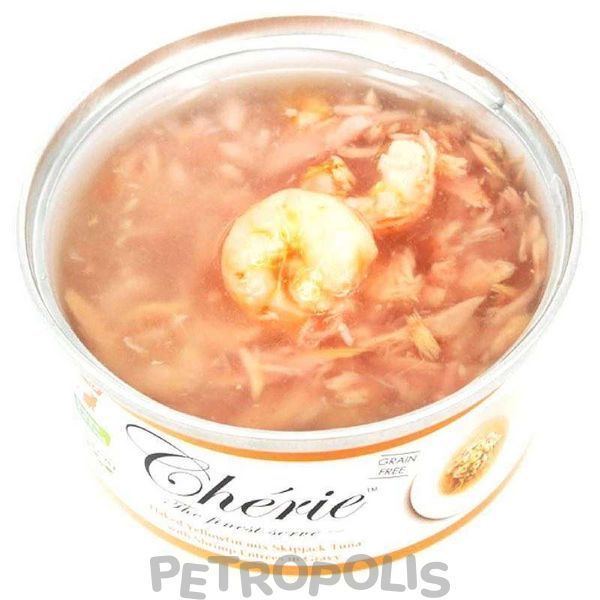 Cherie Signature Flaked Yellowfin mix Skipjack Tuna with Shrimp Entrеes - вологий корм для дорослих котів з ніжними шматочками жовтоперого та смугастого тунця з креветками в соусі 80г CHS14305 фото