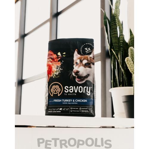 Savory Junior Large rich in Fresh Turkey and Chicken - сухий корм для молодих собак великих порід від 25 кг зі свіжою індичкою та куркою 3 кг 30204 фото