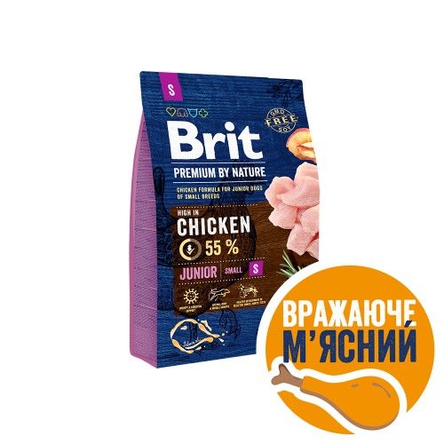 Корм сухий Brit Premium Dog Junior S для молодих собак дрібних порід від 1 до 12 місяців вагою 1-10 кг з куркою 3 кг 170807/6260 фото