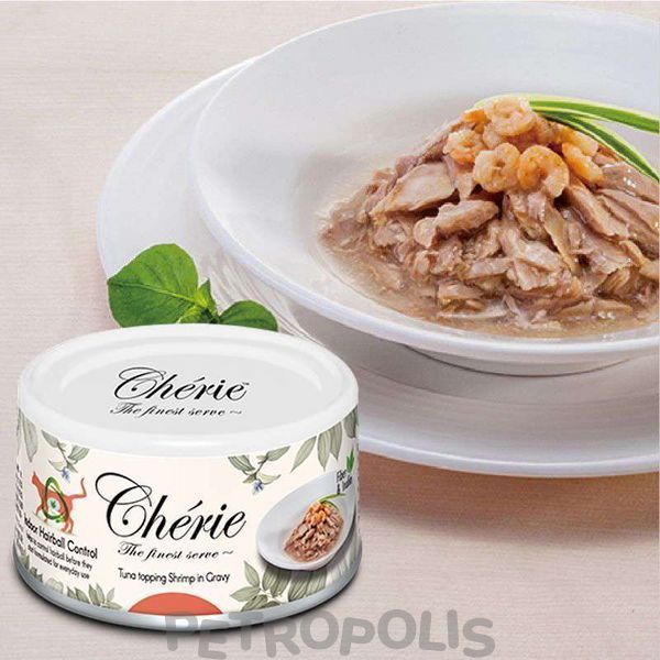 Cherie Hairball Control Tuna topping Shrimp - вологий корм для дорослих котів контроль утворення грудочок шерсті зі шматочками тунця та креветок в соусі 80г CHT17005 фото