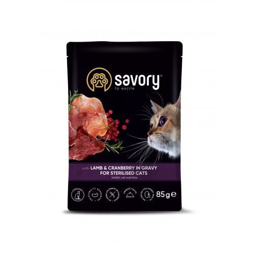 Корм вологий Savory Sterilised Cat Pouch Lamb and Cranberry in Gravy для стерилізованих котів з ягням та журавлиною у соусі 85 г 20093 фото